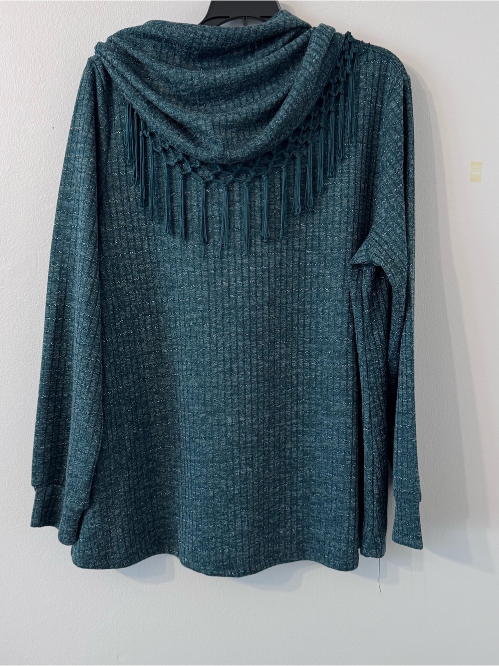 One World Teal Textured Knit Top w/ Removable Fringe Neck Wrap Scarf | XL